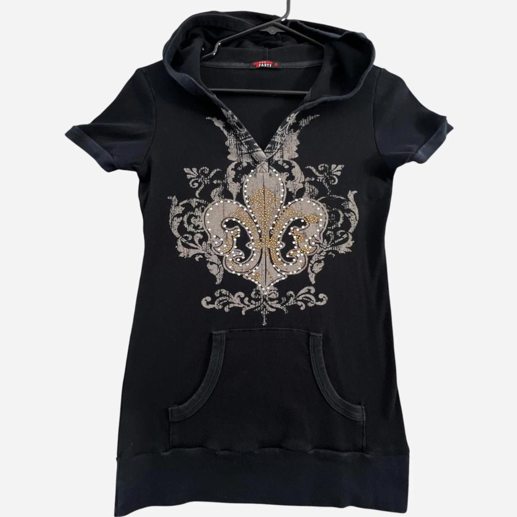 Vintage Y2K Flur De Lis Hooded Shirt Womens Large Black Rhinestones Grunge Biker