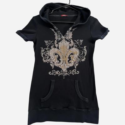 Camicia con cappuccio vintage Y2K Flur De Lis Donna Taglia L Strass Neri Grunge Biker