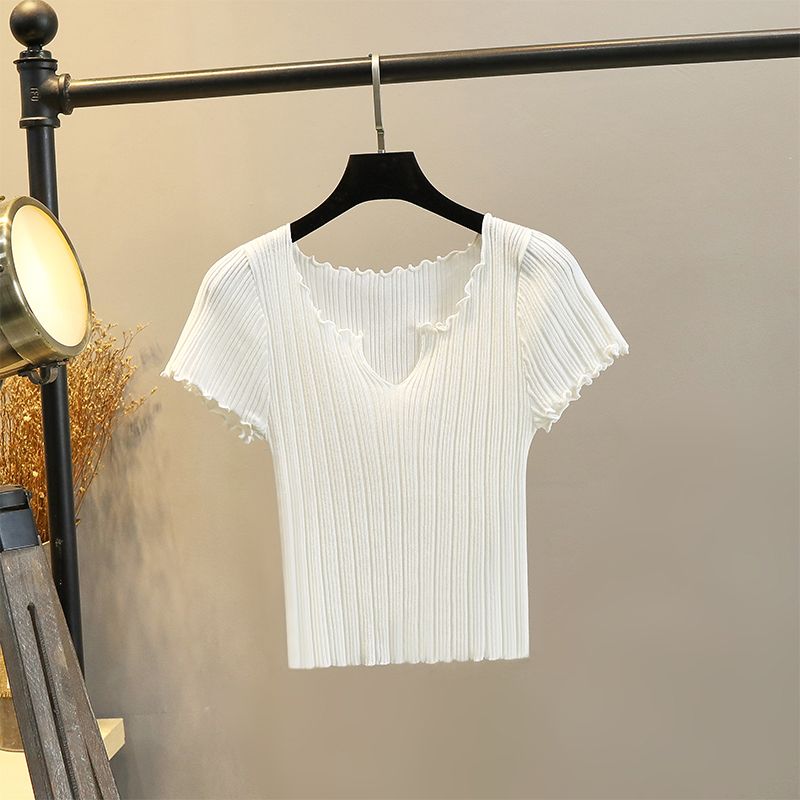 

T-Shirt Women s Knitting Short Sleeve Silm High Waist V-neck Skinny Versatile Crop Top White Summer Stylish Niche Top Thin White S