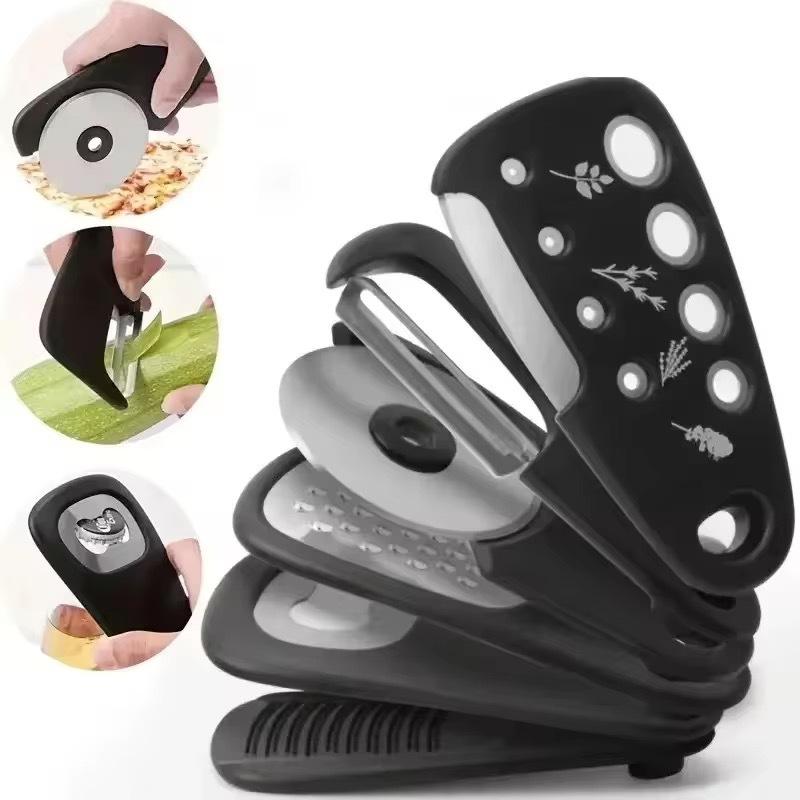 Gadgets de Cuisine Multifonctionnels Empilables 6 Pièces Râpe à Melon Hachoir à Herbes Broyeur d'Ail Ouvre-Boîte Râpe à Fromage Couteau à Pizza