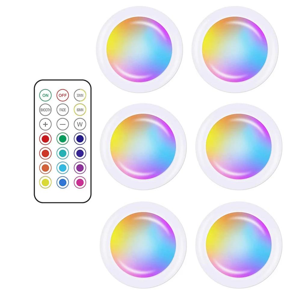 3/6Pcs RGBW LED Puck Night Lights Remote Control Dimmable Under Cabinet Light Battery Operated Wireless Push Lamp Kitchen Closet