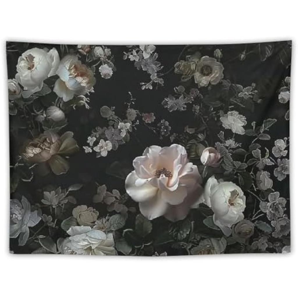 1 Piece Vintage Black Floral Tapestry - Country Roses and Peonies Watercolor Design, Bohemian Living Room Wall Art