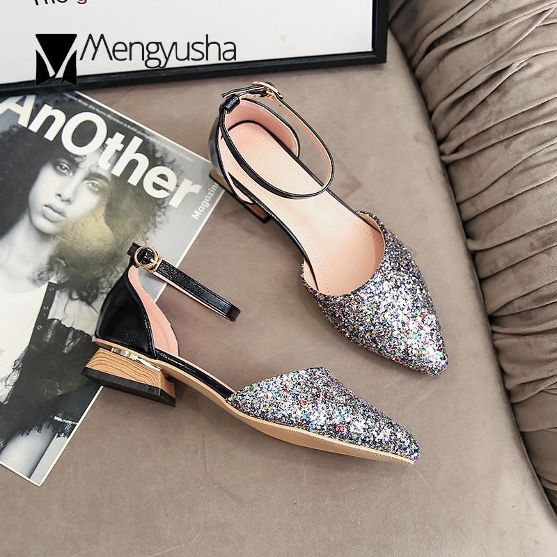 Блестящие разноцветные пайетки с острым носком мюли женские сандалии из цельного дерева — фото 3