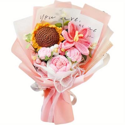 1 Stück gehäkelter Blumenstrauß, handgewebte Tulpen- und Rosenblumen, konservierte Blumen, geeignet für Valentinstag, Geburtstage, Abschlussfeiern