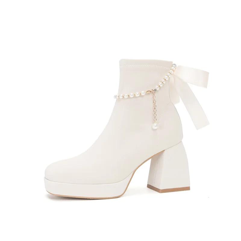 

Женские ботинки 2024 Осень/Зима Новая коллекция Каблук Квадратный носок Челси Винно-красные Водонепроницаемая платформа Короткие ботинки 40 покинуть белый