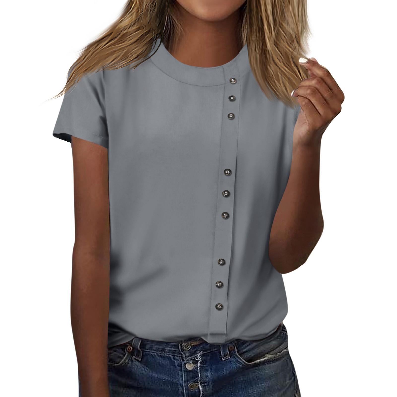 Женская модная повседневная футболка с круглым вырезом и декоративными пуговицами — фото 10
