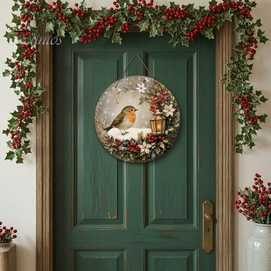 Wooden Hanging Sign for Wall Winter Bird Sign, Rustic Decorative Plaque with Animal Decor Rope, 2D Flat Art Christmas Holiday Home Door