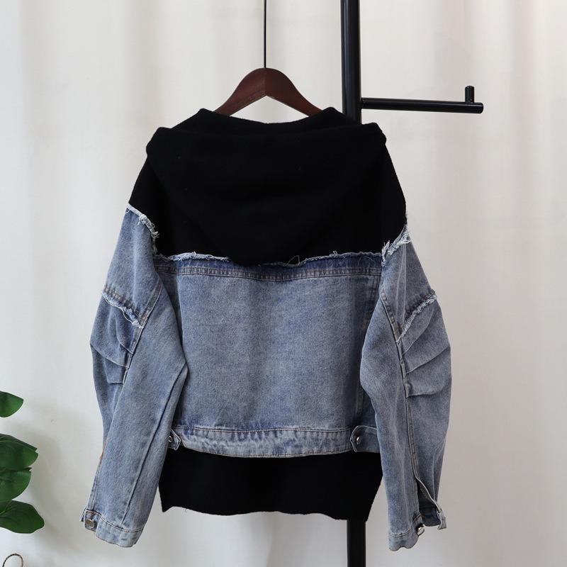 Hooded zipper splicing denim knitted double-sided cardigan autumn and winter new loose casual sweater jacket women