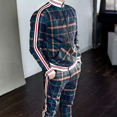 Men's 3D Print Grid Two-Piece Patchwork Zipper Hooded Coat+Fashion Small Leg Trouser Suits High Quality Slim Classic Sportswear