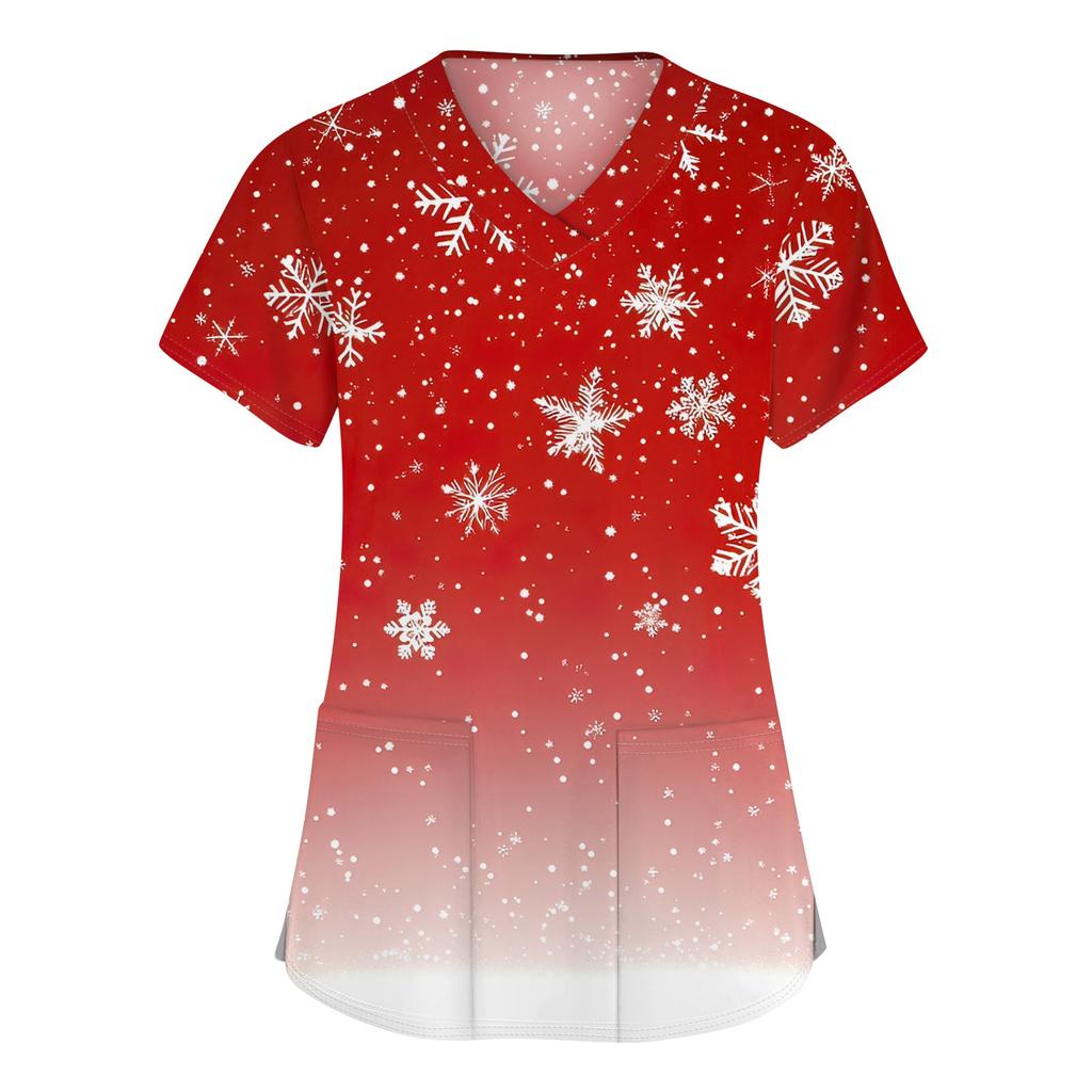 Dámské módní pracovní oděvy s krátkým rukávem a výstřihem do V s kapsami Vánoční topy s potiskem