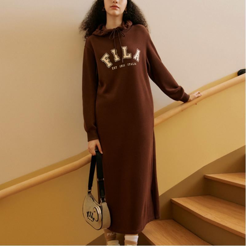 FILA Official Womens Long Hoodie Dress Autumn 2023 Women Dresses Brown F11W339310FDK