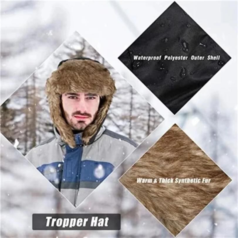 Men's Winter Trapper Aviator Trooper Earflap Warm Russian Waterproof Ski Hat Bomber Cap Russian Warm Ear Protectors Hats