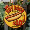 2D Flaches Aluminium Vintage Retro Hot Dog Metallschild, Runde Hängende Plakette, Klassische Fast Food Wandkunst Dekoration für Küche Diner Restaurant Café Grill