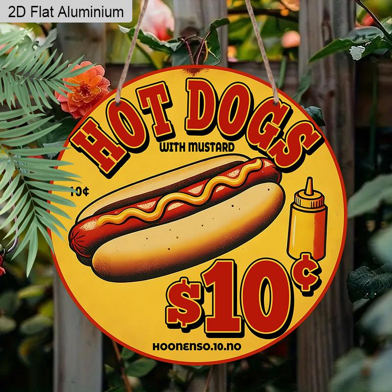2D Flaches Aluminium Vintage Retro Hot Dog Metallschild, Runde Hängende Plakette, Klassische Fast Food Wandkunst Dekoration für Küche Diner Restaurant Café Grill