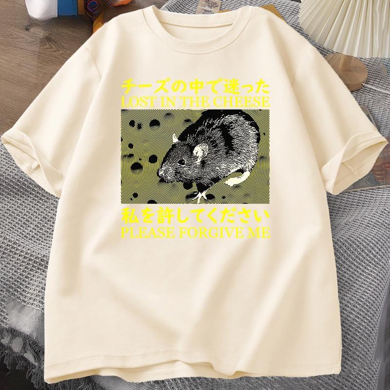 Japanese Style Lost In The Cheese Rat Tshirts Women Cotton Short Sleeve T Shirt Unisex Clothes Tshirts Oversized Streetwear Tops