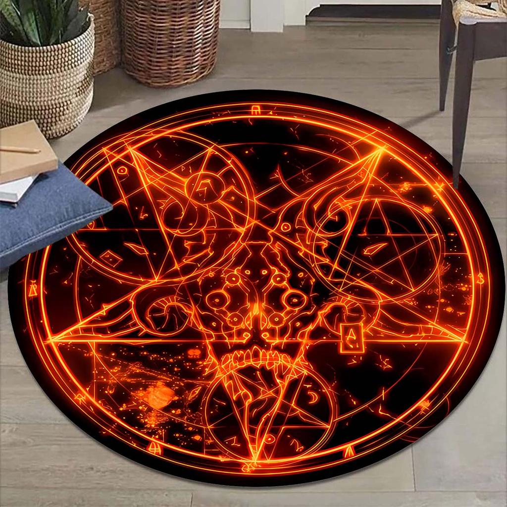 Satanic Pentagram Round Area Rug, Occult Inspired Non-Slip Floor Mat for Home Decor, Gothic Interior Dark Aesthetic Carpet