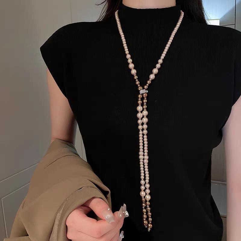 Double Layers Simulated Pearl Jewelry Long Necklace Women Classic Beads Chain Necklaces & Pendants Fine Gift