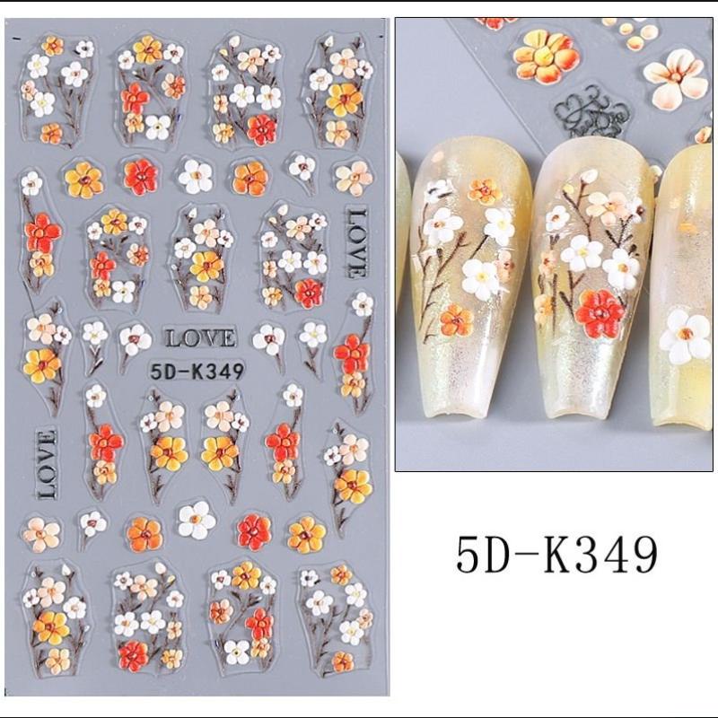 5D  Daisy Embossed Nail Stickers Colorful  Fresh Floral Designs Five-Petal Flower Self-Adhesive Diy Nail Art Decals Decorations