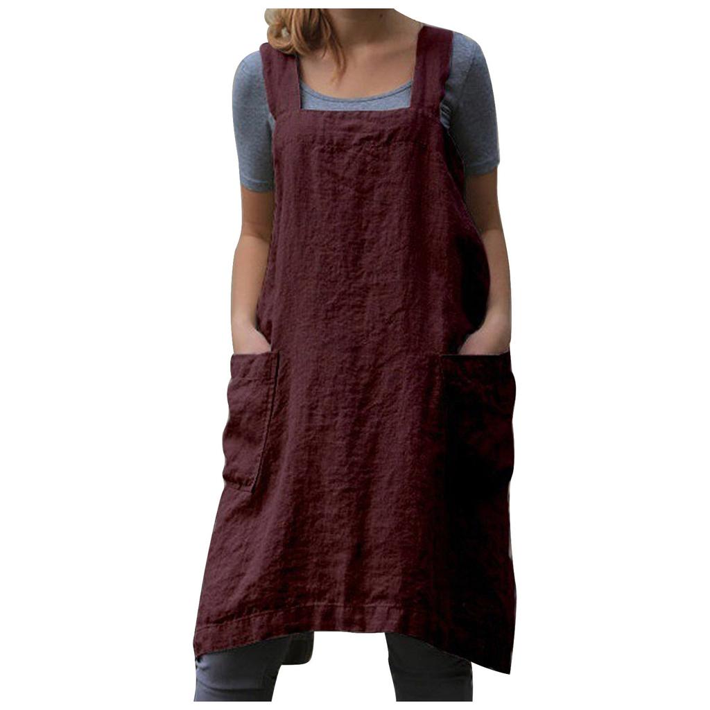 Apron For Baking Cooking And Gardening Cross Back Linen Women With 2 Pockets