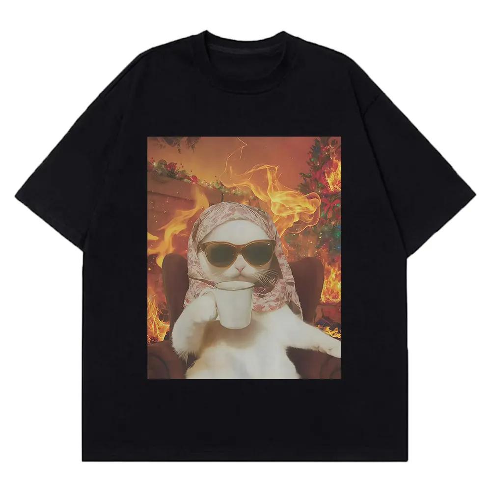 I Chill Cat Xmas Funny Cat Meme Tshirt Men Women Casual and Loose Tshirt Summer Cotton Hiphop Aesthetic Fashion Tshirts Tops