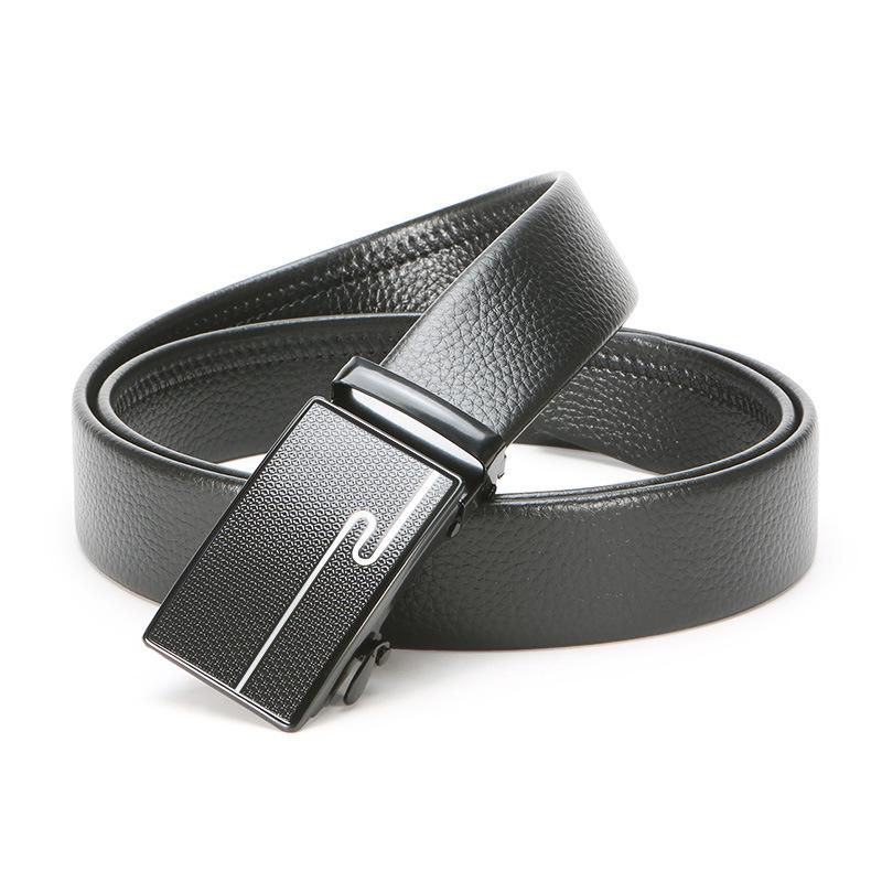 Men'S Automatic Buckle Iron Buckle Hemming Lychee Pattern Black Belt Middle-Aged And Young Business Belt