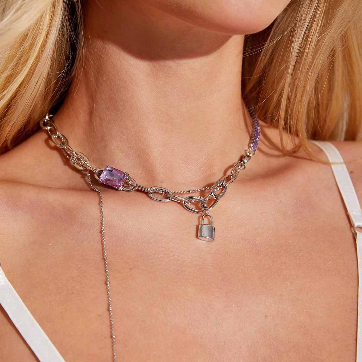 French Luxe Purple Zirconia Clavicle Necklace with Zinc Alloy Tassel Chain фиолетовый