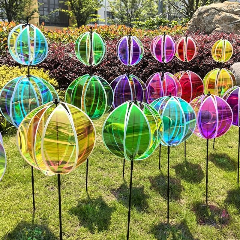 Rainbows Rotating Windmill Decorative Stake Reflective Outdoor Gazing Ball Wind Spinner For Garden Yard Patios Outdoor Use