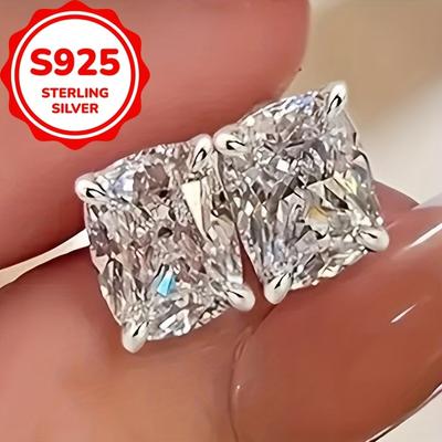 Simple 925 Sterling Silver Square White Cubic Zirconia Stud Earrings Classic Women's Elegant Jewelry