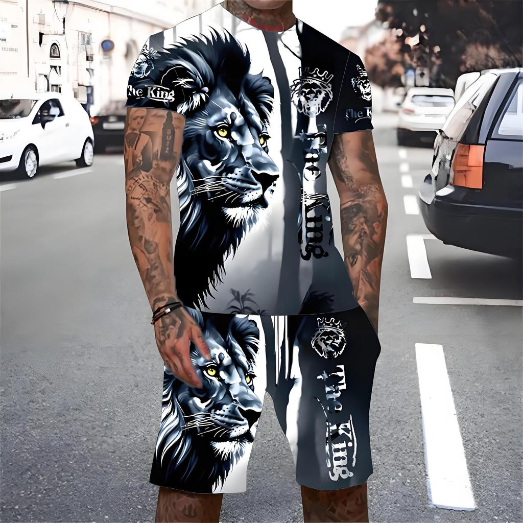 Trendy Lion Graphic Short Sleeve Top Drawstring Shorts Set Summer T-shirt Pocket Shorts 2-piece Set Oversized Men's Clothing