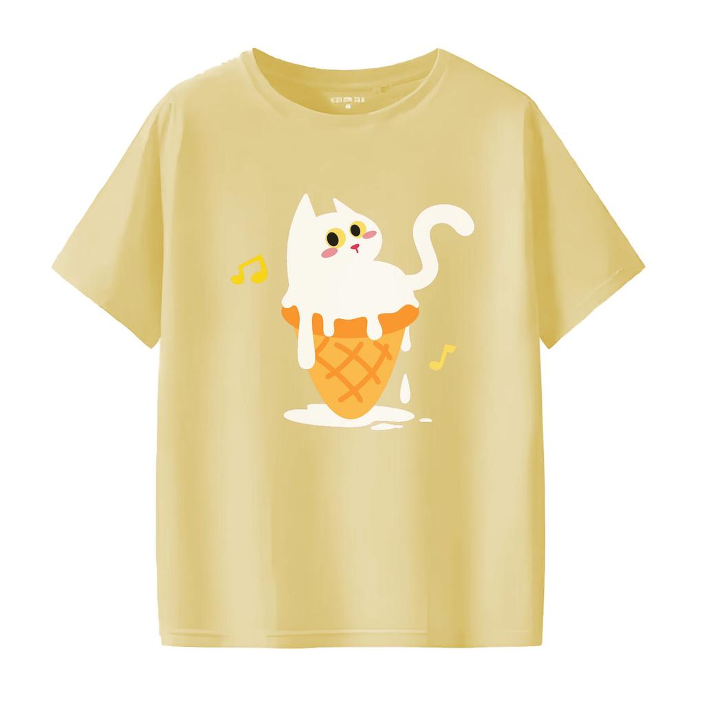 Cute ice cream white cat cartoon print pattern short sleeved round neck daily versatile Womens Tshirt