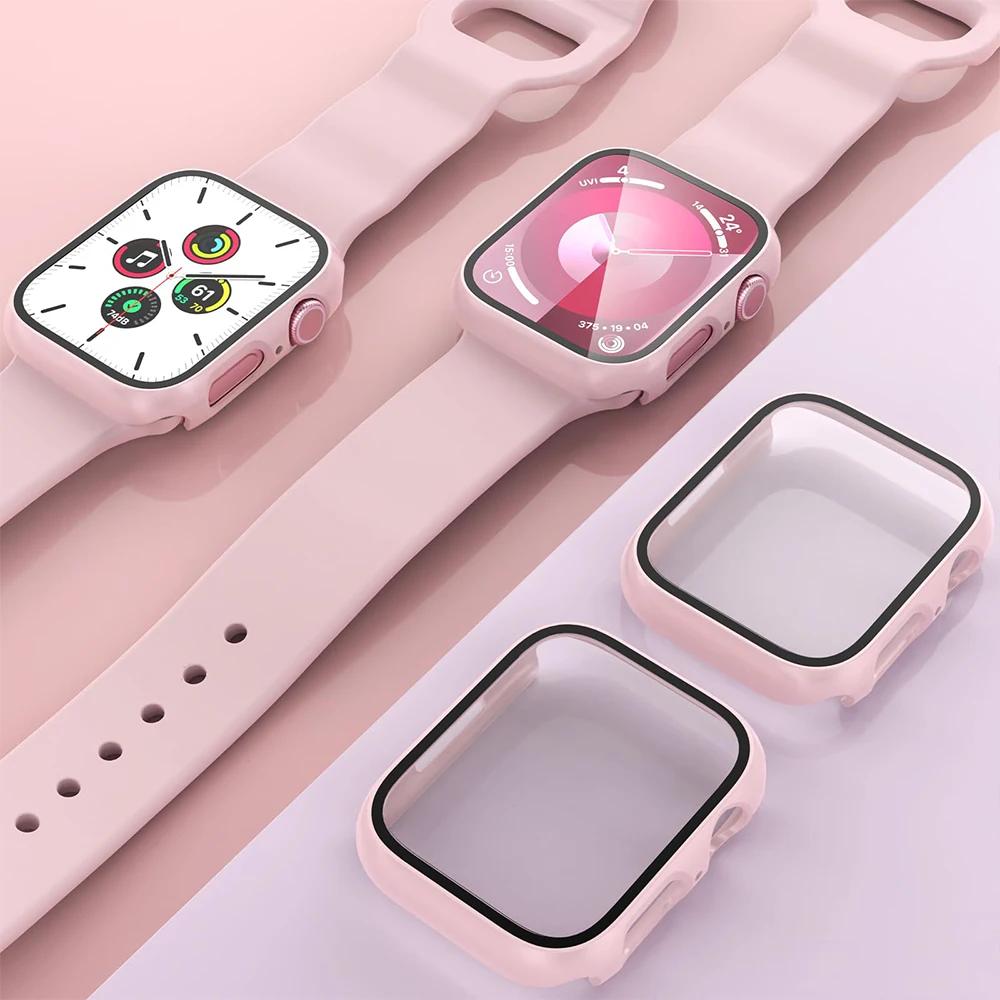 2Pcs Tempered Glass+cover For Apple Watch Case 45-41-42-40-44mm Screen Protector iwatch serie 9 6 SE 7 8 Apple Watch Accessories