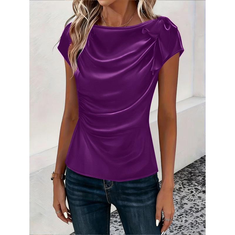 IHUASU Women's Fashion Casual Solid Color Print O-Neck Short Sleeve   Blouses & Shirts