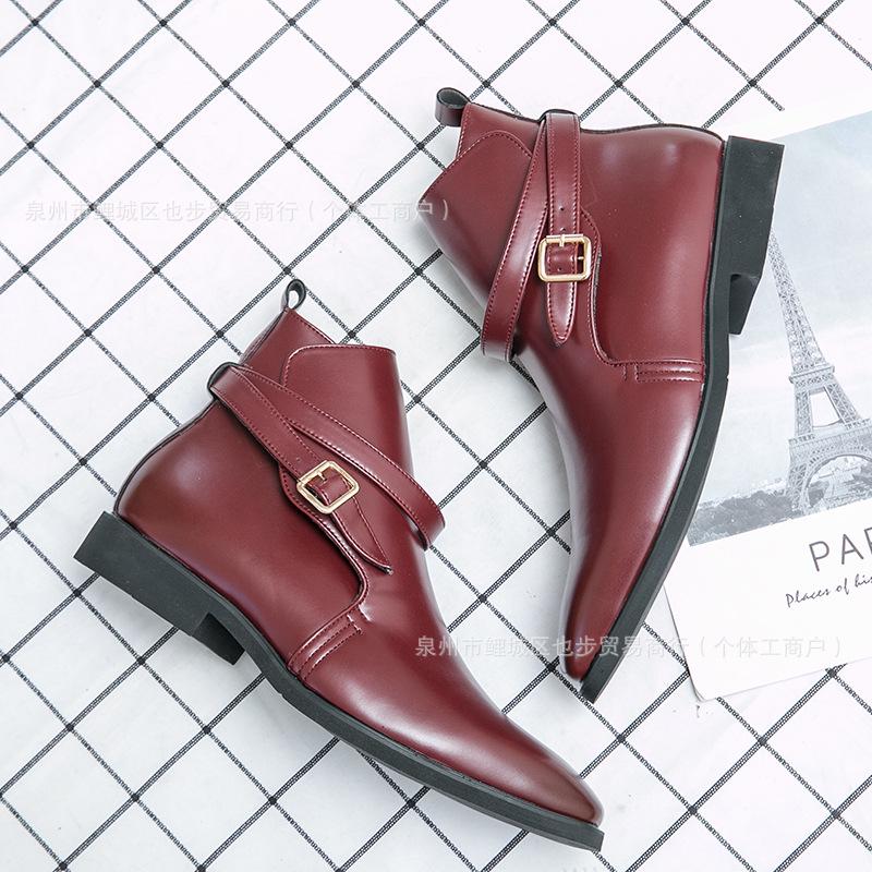 

Men s British-Style Pointed Toe Leather Ankle Boots - Formal/Casual High-Top with Buckle, Large Sizes Available Size 48 красный