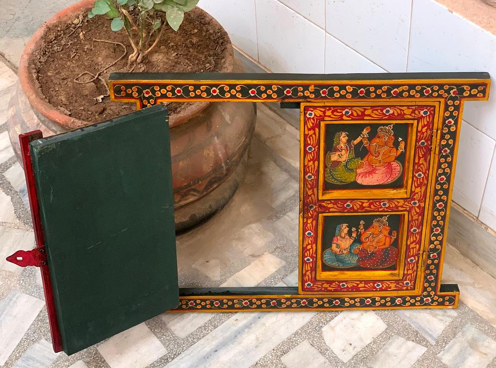 Painted Jharokha Wooden Frame: Antique Hindu God Ganesha Wall Decor