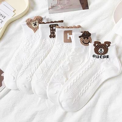 5pairs Women's Socks Spring and Summer Thin Cartoon Bear Boat Socks Breathable and Cute White Socks