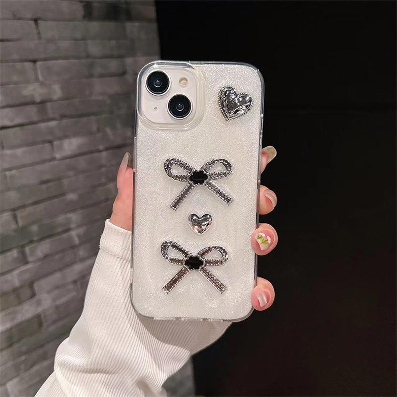 Silver Bead Bow Phone Case for IPhone17promax Epoxy Luxury Women’s Model 14 for Apple 15 Pearl 13