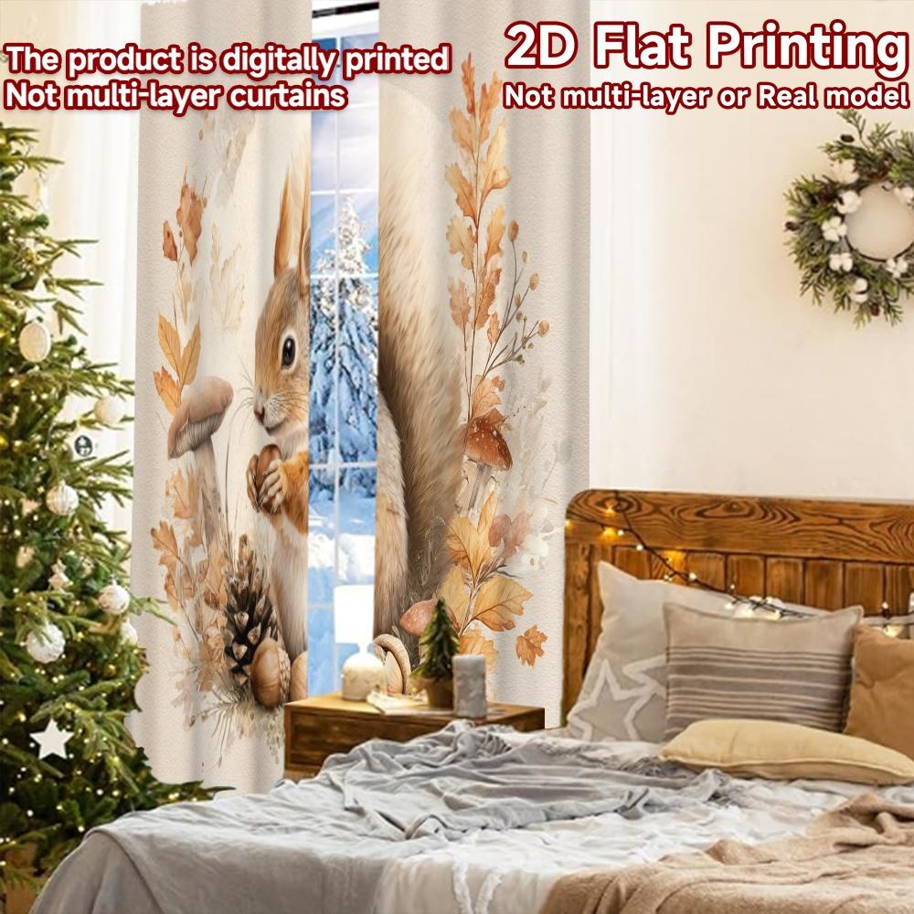 2pcs, 2D FLAT PRINTING Curtains (Without Rod) Autumn Squirrel Christmas Holiday Curtains Semi-Sheer Curtains Decorations Inside