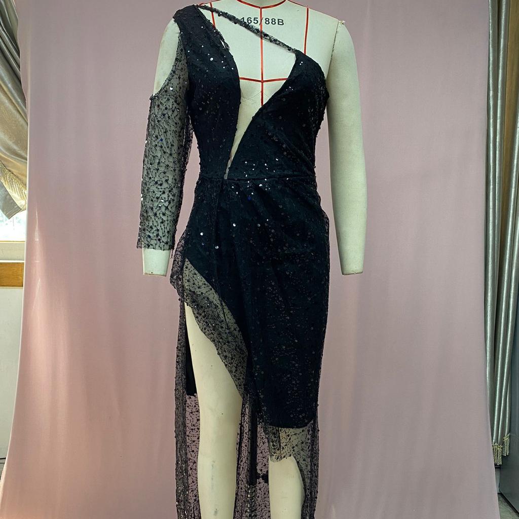 Women's Dreamy Aristocratic Party Dress Sexy High - Slit, Long - Sleeve, Sequined, Irregular Off - Shoulder Evening Gown