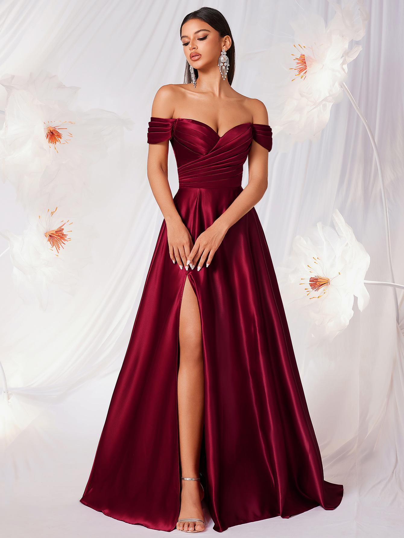 New matte satin one-word shoulder evening dress, sexy split end, high-end annual meeting dinner black dress XS бордовый