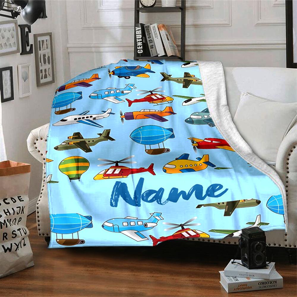 Custom Name Cute airplane Theme Printed Blanket - Perfect for Couch, Bed, Travel & Outdoor Use | Machine Washable, Cozy & Durable.
