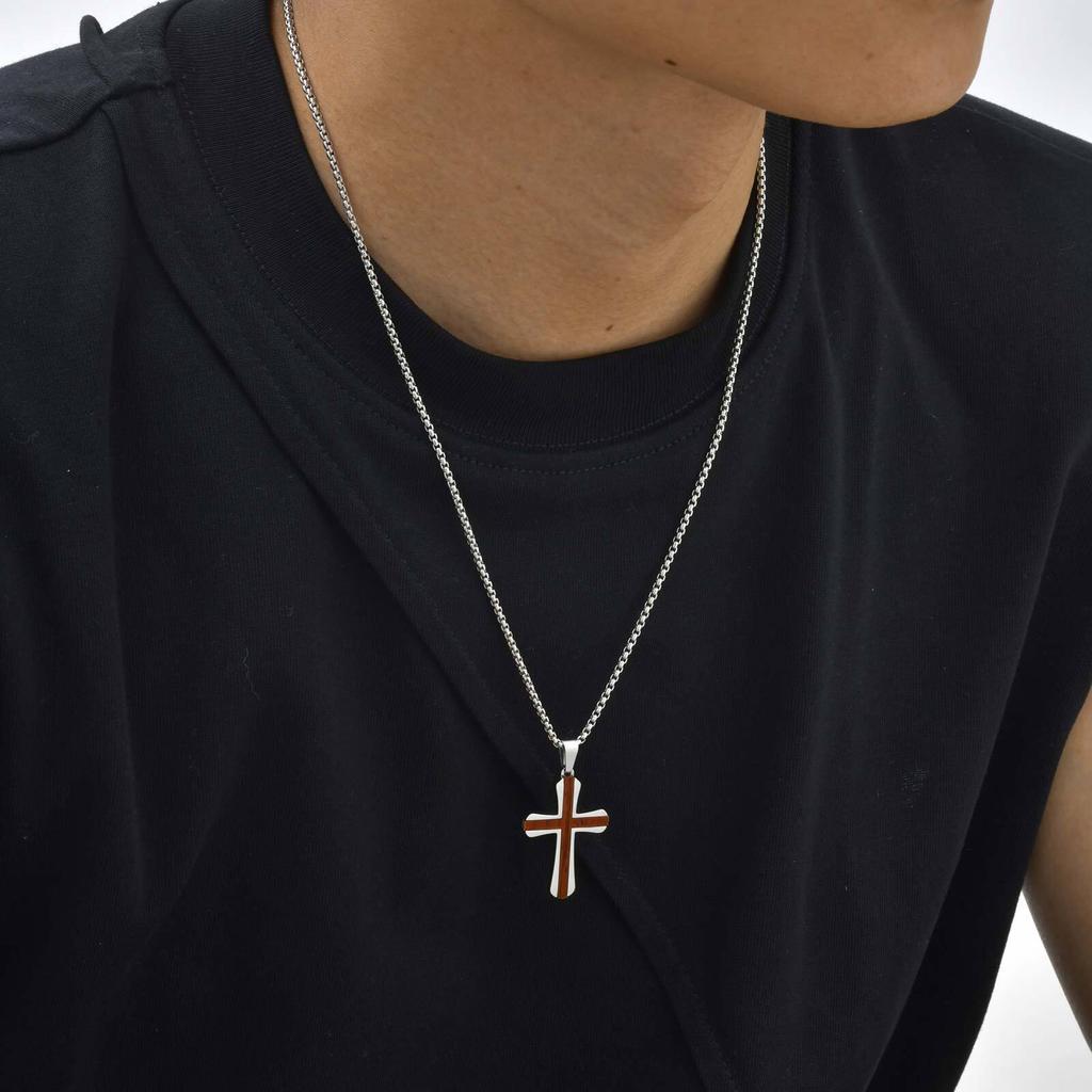 Vnox Red Wood Faith Cross Pendant Neckalce for Men, Silver Color Stainless Steel Box Chain Necklaces, Religious Jewelry Gifts