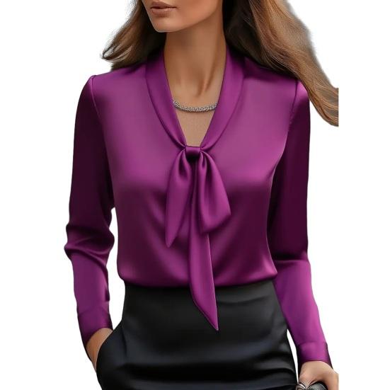Yousheng Women Shirt V-Neck Lace-up Collar Long Sleeve Satin Texture Blouse Solid Color Regular Fit Office Lady Casual Tops