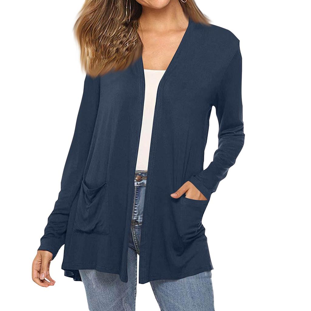 Women's Fashion Solid-Colour Long-Sleeved Pocketed Slim-Fit Cardigan Jacket
