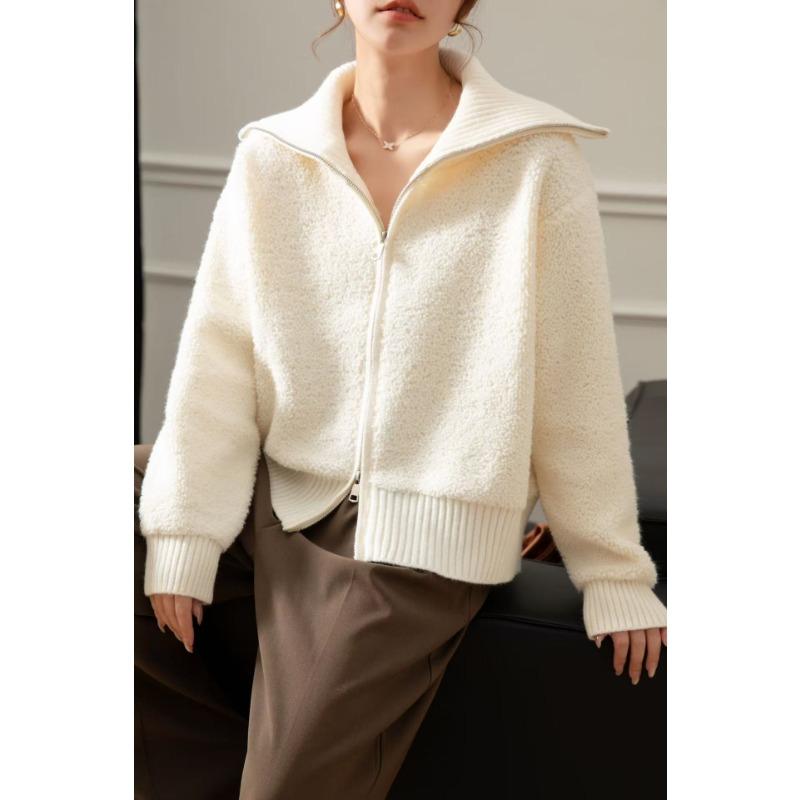

Autumn and winter new large lapel double zipper lamb wool knitted cardigan women s lazy style versatile sweater jacket women One size