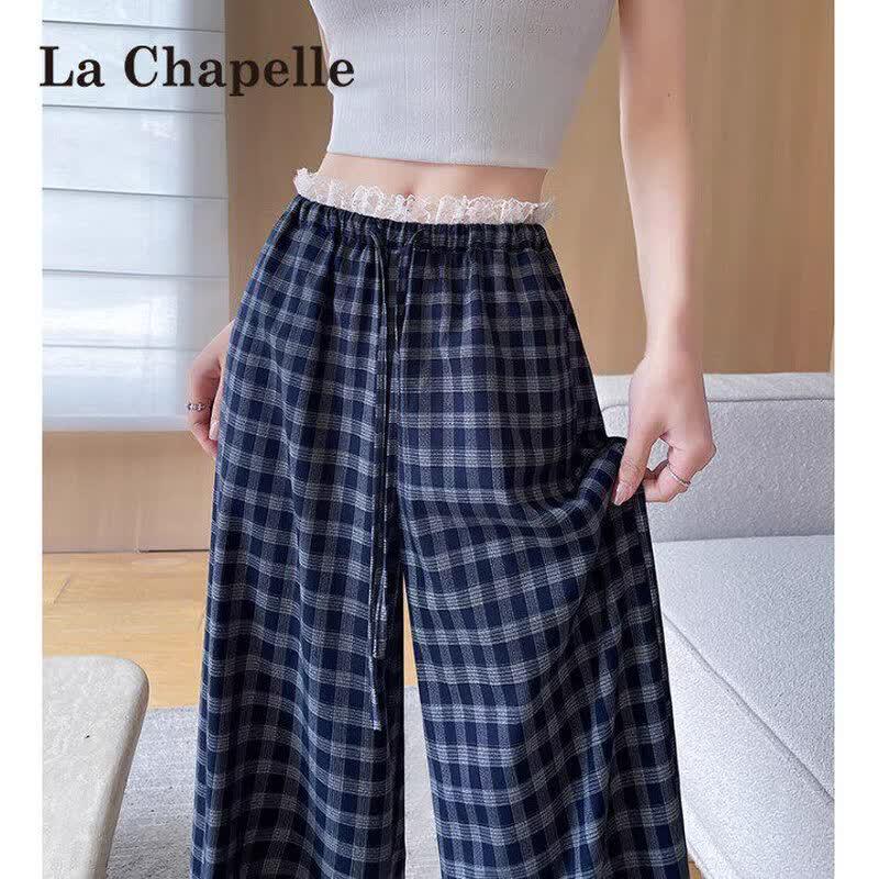 La Chapelle Women s Plaid Lace Patchwork Wide-Leg Pants L