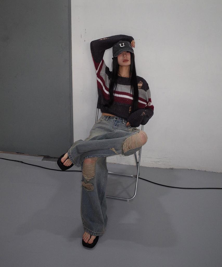 Uusoo Damaged Boat Neck Pullover_ Gray Multi Stripe