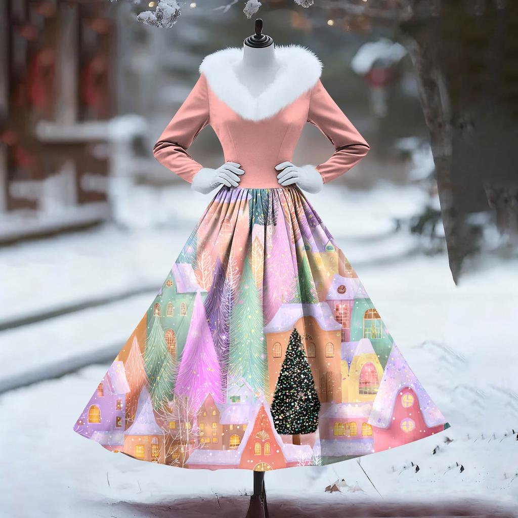 Women's Casual Dress Long-Sleeve V-Neck Patchwork Fleece Christmas Print Dress