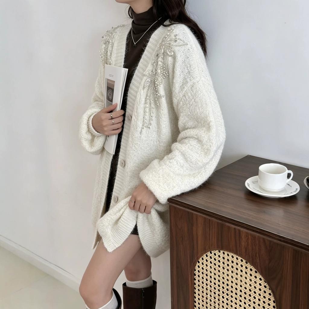 New Heavy Industry Sequins Single-breasted V-neck Lantern Sleeves Large Size Lazy Wind Sweater Cardigan Knitted Top Women