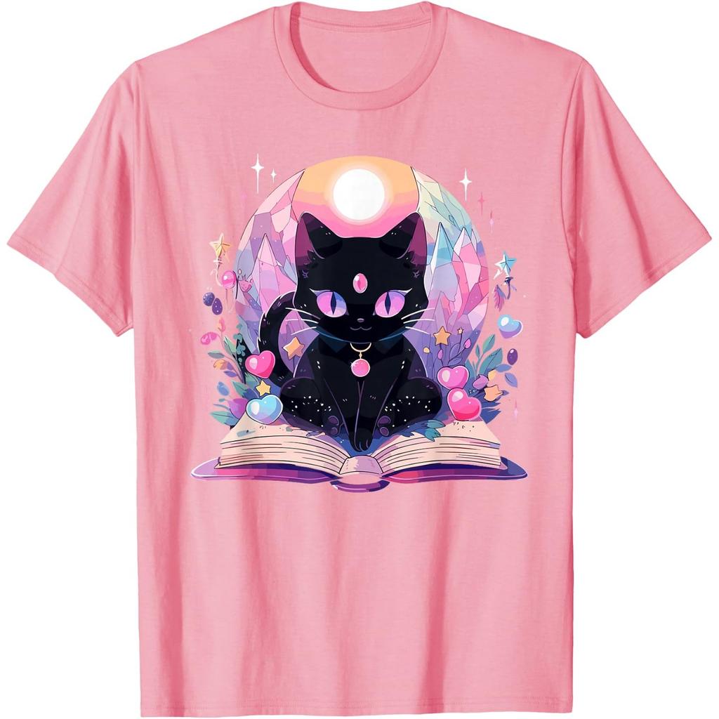 Book Lover Crystal Witchy Cute Black Cat Kawaii Pastel Goth T-Shirt