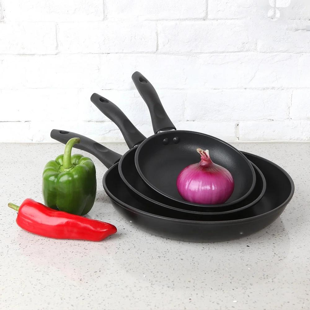 3Piece NonStick Aluminum Skillet Set Lightweight Skillets Dishwasher Safe Easy Cleanup CoolTouch Handles Versatile Cookware
